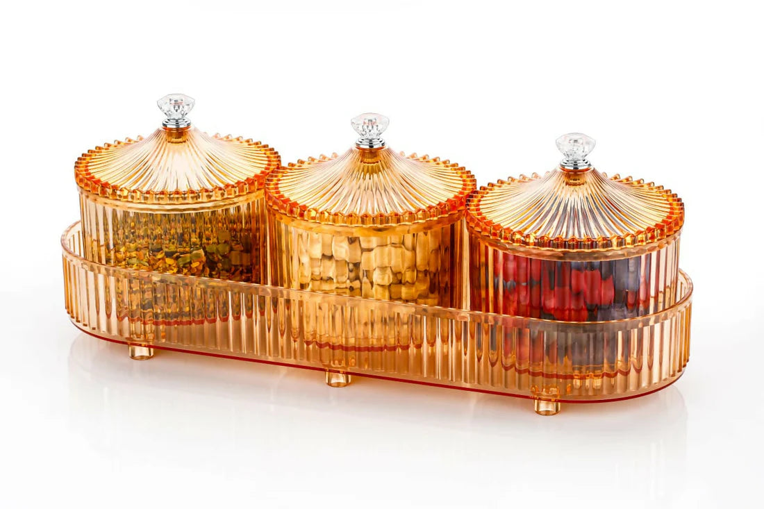 UK-1002 LUXURY Dry Fruit Transparent 3pc Jar with Lids & Stylish Tray (Mix Colour)