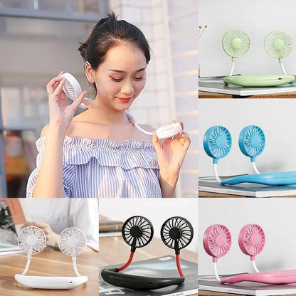 UK-0299 365 Portable Hand-Free Mini Personal Neck-Hanging USB Rechargeable Neckband Cooling Double Fan with LED Light, 3 Speeds