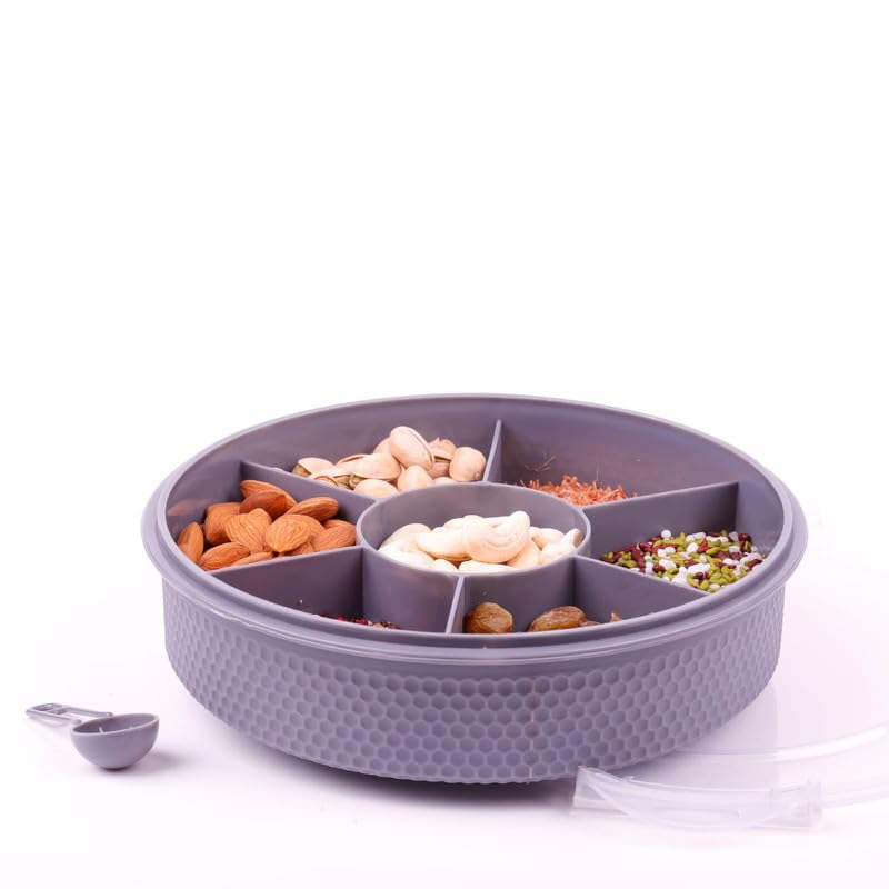 UK-0976 7 Section Round Shape Multi-Purpose Storage Box for Storing Spice, Dry Fruits, Herbs, Masala Box with Transparent Lid Leak Proof, Air Tight Plastic Masala Dabba | Masala Container