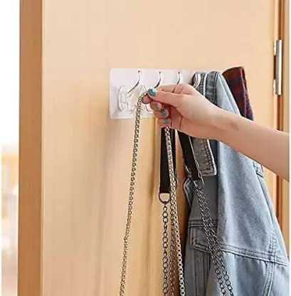 UK-0033 Wall Hanger Hooks for Hanging Clothes Strong Self Adhesive Magic Sticker Home Kitchen Office Bathroom Bedroom Door Organizers Accessories Items (TRANSPARENT-6-HOOK-HANGER)