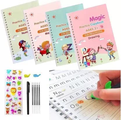 UK-0103  Magic Practice Copybook for Kids, Handwriting Workbook, Reusable Writing Practice Book for Preschools- Alphabet Number Math Drawing Groove Copybook | 4 Books with Pens, Refills