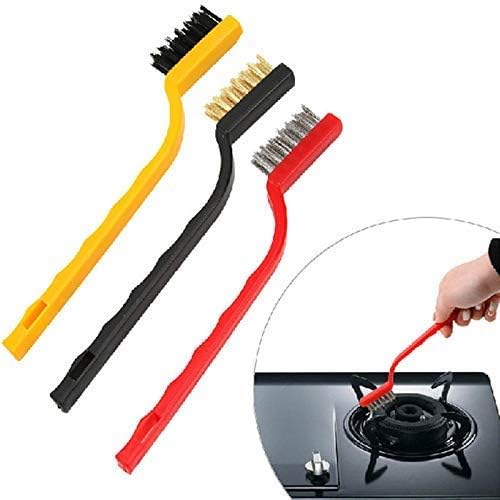 UK-0253 3 PCs Mini Wire Brush Set Brass Nylon Stainless Steel Bristles Household Cleaning Brush for Stove Burner Tiles Tap