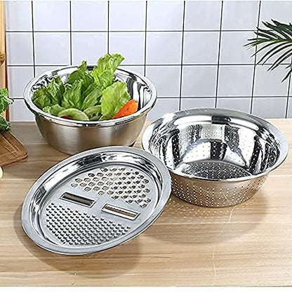 UK-0402 3 in 1 Kitchen Multipurpose Julienne Grater Salad Stainless Steel Maker Bowl, Drain Basket, Julienne Graters for Vegetable Cutter