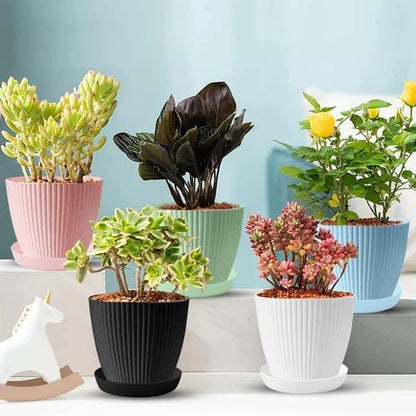 UK-0471 Plastic Round Flower Pots with Bottom Tray Set of 5 Pots for Home Decor and Balcony, Terrace Indoor & Outdoor Pots 5 pcs Multicolor Flower Planters