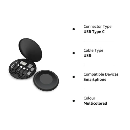 UK-0056 Mini Multi-Functional Fast Charging Data Cable Set for Apple, Android, Type C Charging with Retrieve Card Pin,Round Storage Box,Compact and Portable USB Data Cable Travel Cable Set 5in1