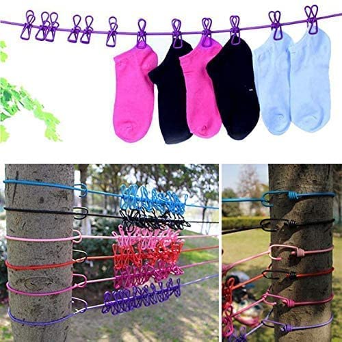 UK-0290 Rope with 12 Clips and 2 Hooks Durable Portable Outdoor Travel Clothesline Rope Clothes Hanging Hook (Multicolor)