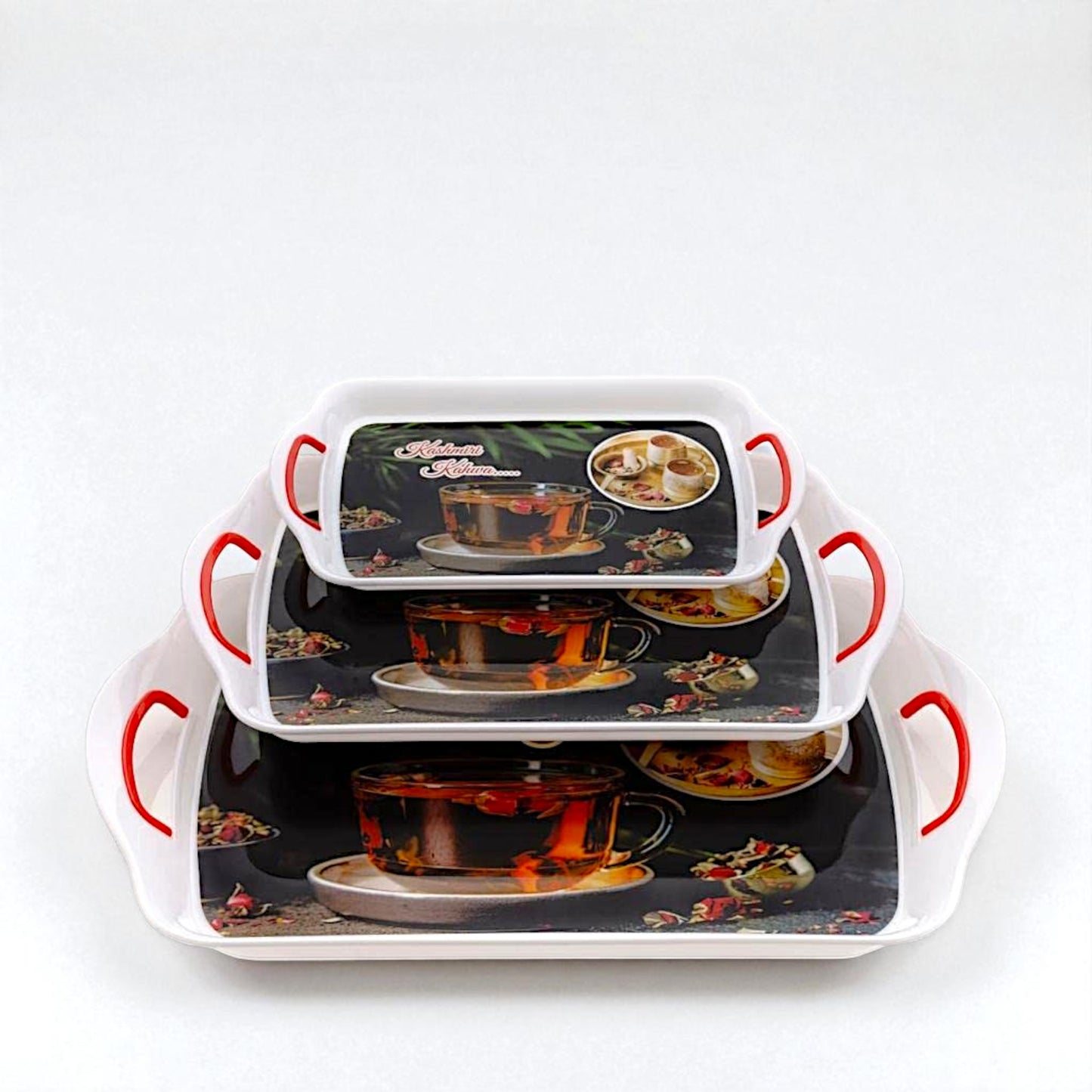 UK-0973 Premium Serving Tray Set of 3  Plastic Material Glossy Finish BPA Free Trays for Kitchen and Office and Home Decor