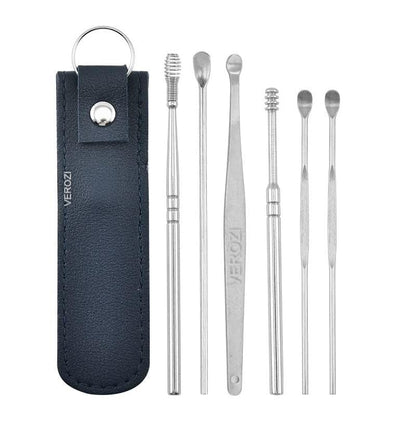 6-in-1 Ear Wax Cleaner- Resuable Ear Cleaning Tools Leather Pouch - Ear Pick Wax Remover Tool Kit with Ear Curette Cleaner and Spring Ear Buds Cleaner Fit in Pocket Great for Traveling