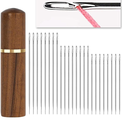 UK-1092 30pcs Self-Threading Quilting Needles With Wooden Case - Long Needles of Various Sizes for Quilting, Embroidery, Hand Sewing