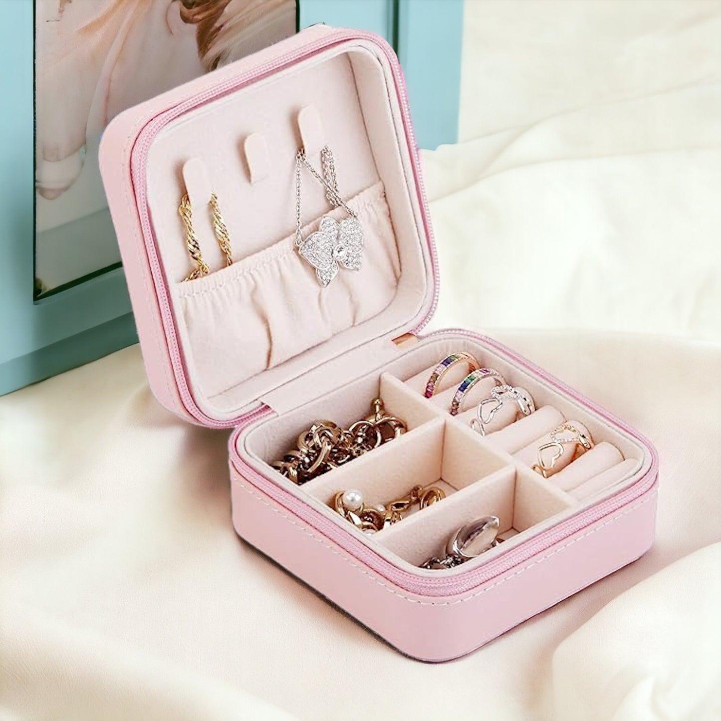 UK-0348 Leather Small Jewelry Box, Travel Portable Jewelry Case For Ring, Pendant, Earring, Necklace, Bracelet Organizer Storage Holder Boxes