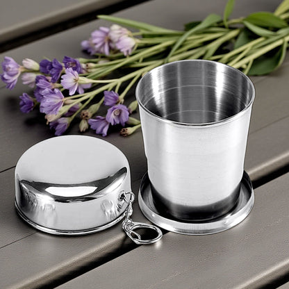 UK-1028 Steel Folding Cup, 120ml Small Portable Camping Mug Drink Cup with Lid & Keychain for Outdoor Adventures Travel Camping Hiking Pocket Size Reusable Space-Saving Travel Cup