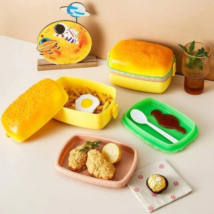 UK-1007 HOT-DOG  2-Compartment Lunch Box Multi Compartment Lunch Box with Spoon for Kids || Sandwich Burger Shape Tiffin Lunch Box for Boys & Girls