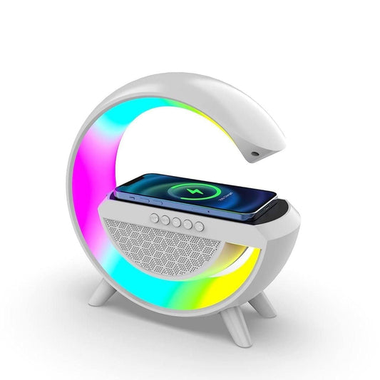 UK-0333 G-Shape Atmosphere Lamp Bluetooth Speaker Desk Table Lamp with Wireless Charger LED Light | FM Radio | 7 Light Colour Modes | Bluetooth Music |15W Fast Charging (Multicolor)