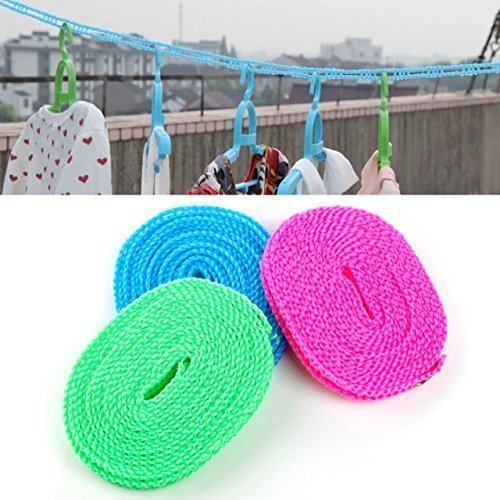 UK-0257 5 Meters Windproof Anti-Slip Clothes Washing Line Drying Nylon Rope with Hooks 5 Meter Nylon Clothesline Rope