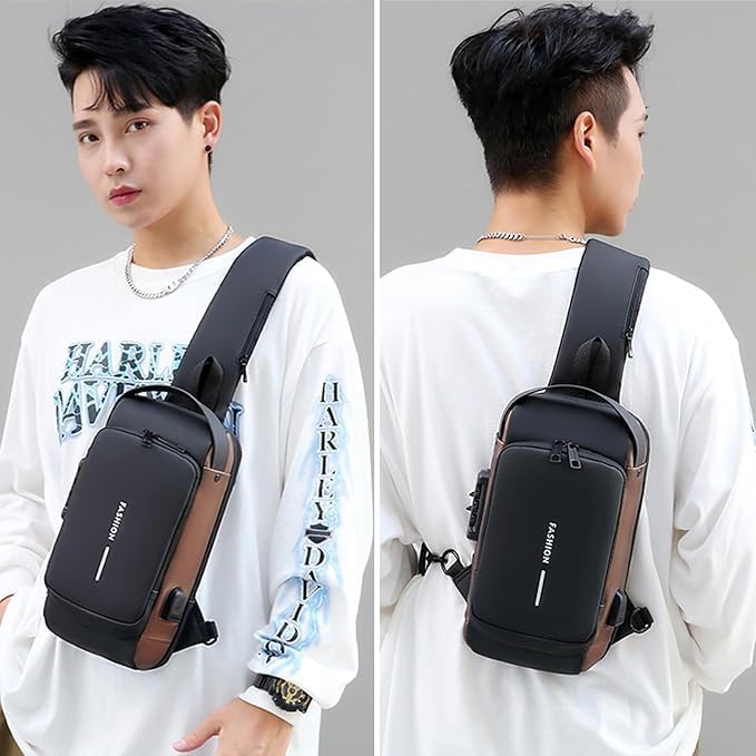 UK-0965 USB Sling Chest Bag – Waterproof Crossbody Shoulder Bag with USB Charging Port – Anti-Theft Travel Daypack for Men & Women – Casual Lightweight Sling Backpack