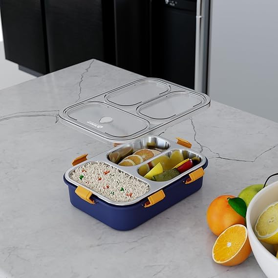 UK-0885 3 Compartment Stainless Steel Lunch Box 750ML, Lunch Box with Steel Cutlery Inside, Heating & Water Insulation for School Kids and Adults Office