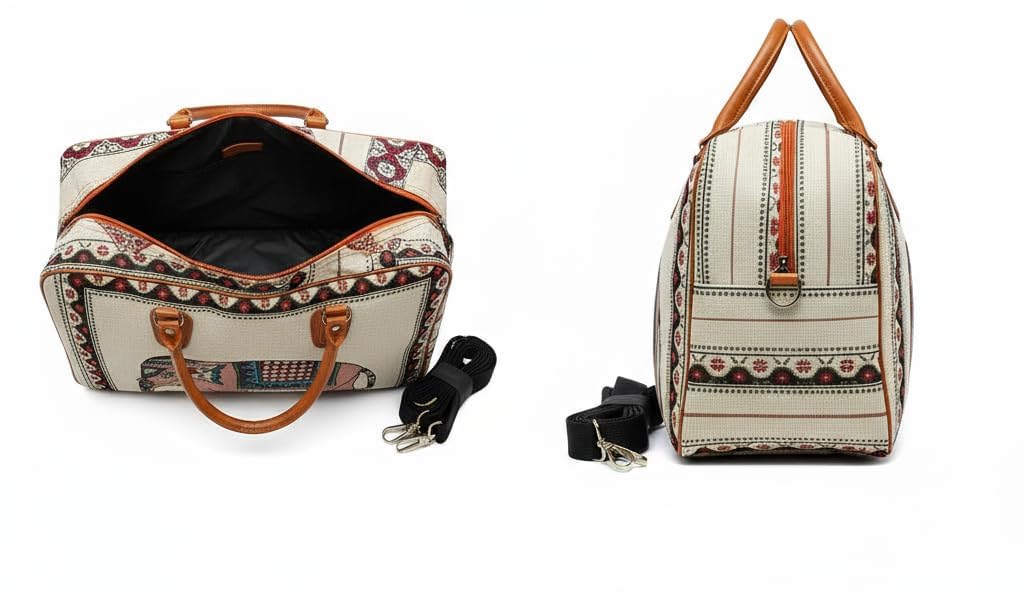 UK-1034 Canvas Duffle Travel Bag for Men and Women, Handmade Indian Ethnic Elephant Print Single Compartment Luggage Travelling Duffel for Women, Stylish Cabin Size Air Hand Bag