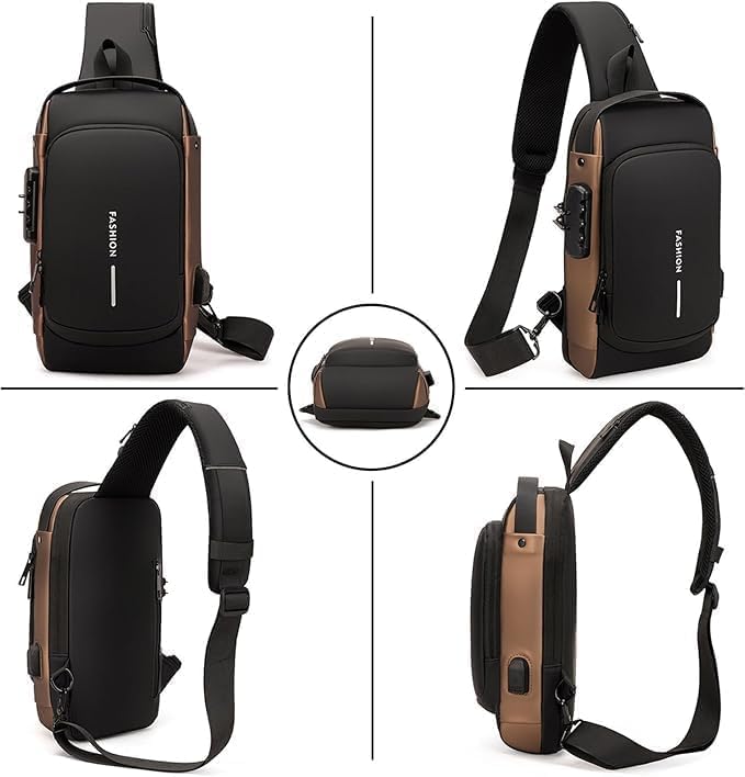 UK-0965 USB Sling Chest Bag – Waterproof Crossbody Shoulder Bag with USB Charging Port – Anti-Theft Travel Daypack for Men & Women – Casual Lightweight Sling Backpack