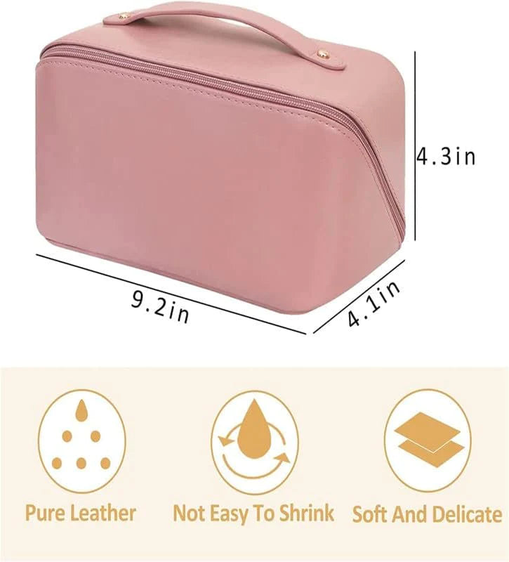 UK-0026 Cosmetic Travel Bag Large Capacity , Portable Leather Makeup Storage Bags with Handle and Divider, Wide Opening Cosmetic/Makeup Organizer