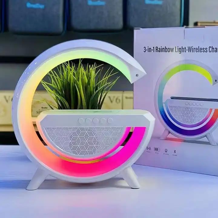 UK-0333 G-Shape Atmosphere Lamp Bluetooth Speaker Desk Table Lamp with Wireless Charger LED Light | FM Radio | 7 Light Colour Modes | Bluetooth Music |15W Fast Charging (Multicolor)