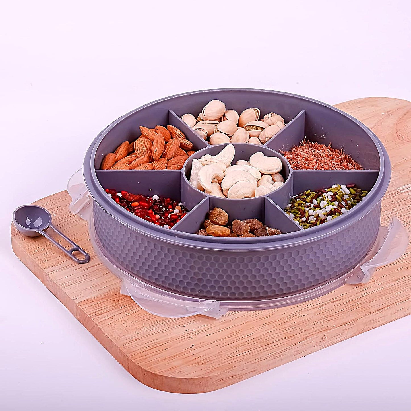 UK-0976 7 Section Round Shape Multi-Purpose Storage Box for Storing Spice, Dry Fruits, Herbs, Masala Box with Transparent Lid Leak Proof, Air Tight Plastic Masala Dabba | Masala Container