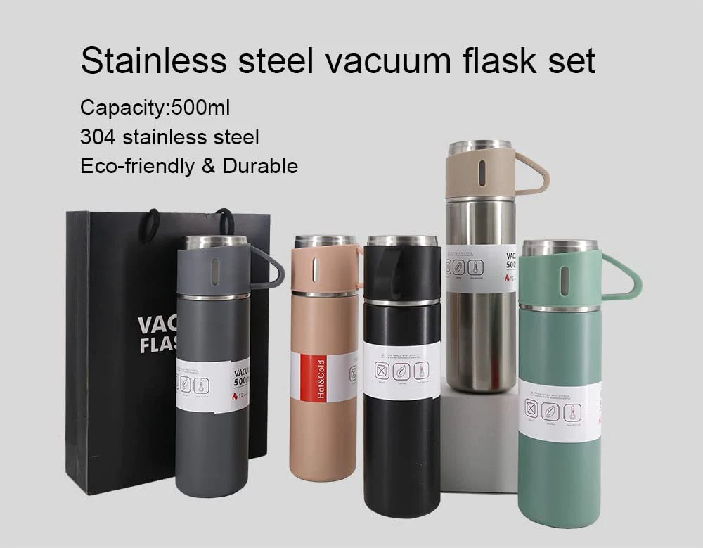 UK-0022 Stainless Steel Vacuum Flask Set with 3 Steel Cups Combo for Coffee Hot Drink and Cold Water Flask Ideal Gifting Travel Friendly Latest Flask Bottle. (Multi-Color)