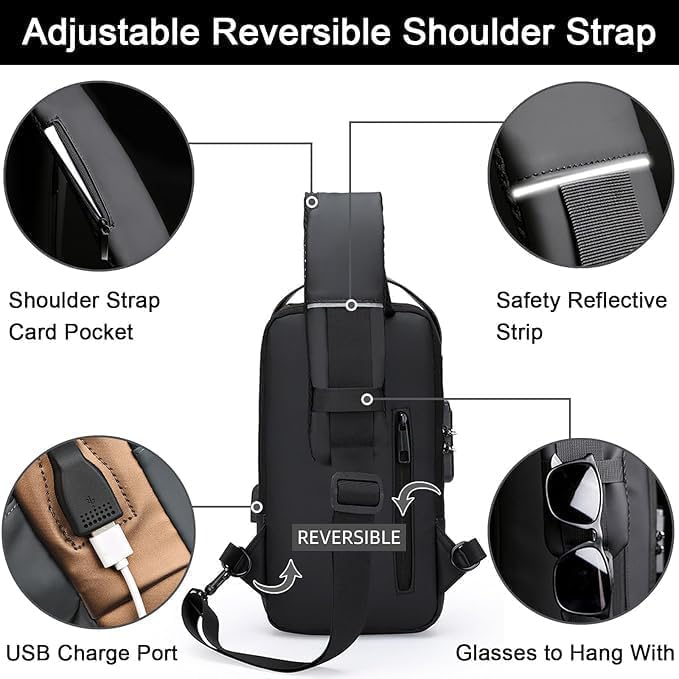 UK-0965 USB Sling Chest Bag – Waterproof Crossbody Shoulder Bag with USB Charging Port – Anti-Theft Travel Daypack for Men & Women – Casual Lightweight Sling Backpack