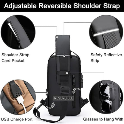 UK-0965 USB Sling Chest Bag – Waterproof Crossbody Shoulder Bag with USB Charging Port – Anti-Theft Travel Daypack for Men & Women – Casual Lightweight Sling Backpack