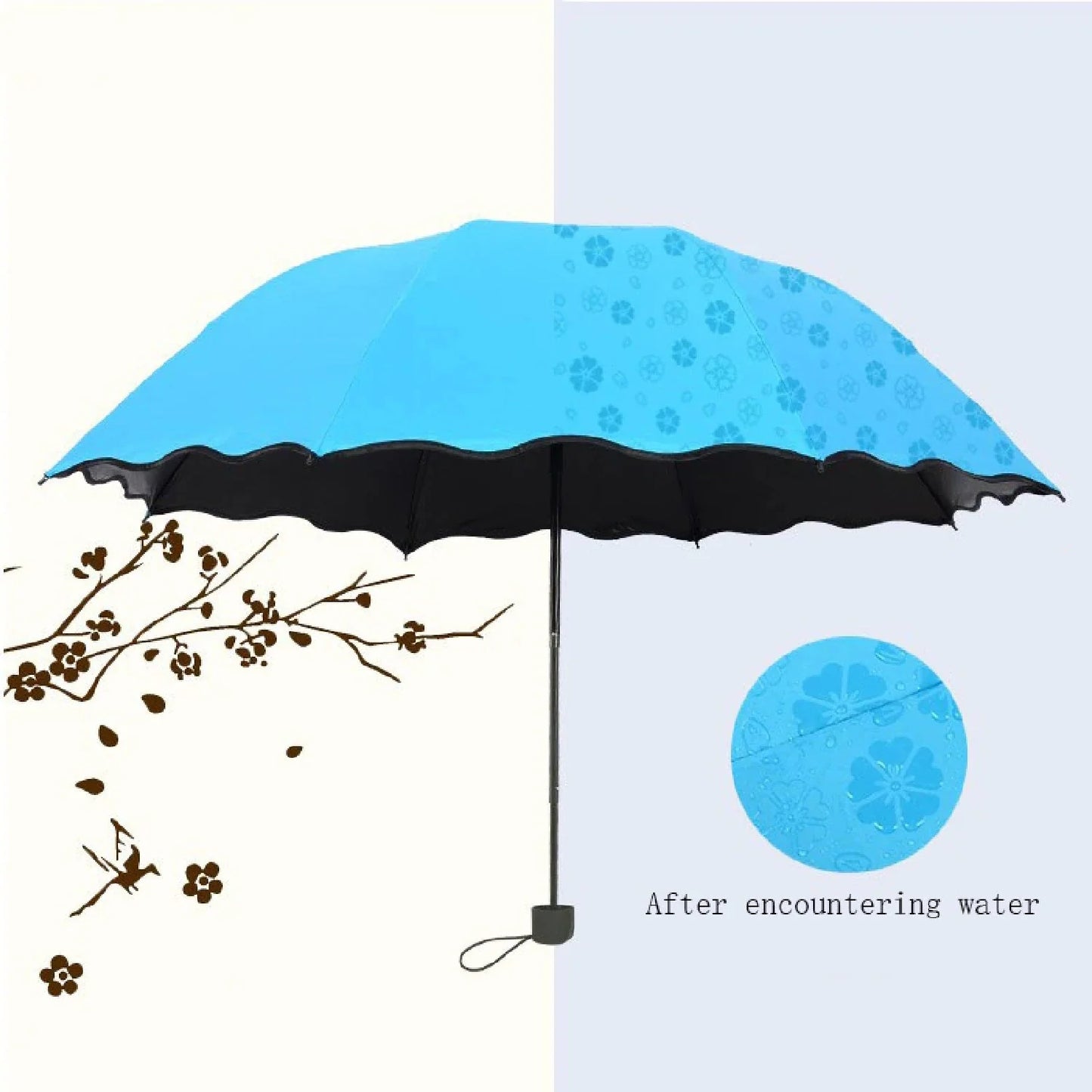 UK-0389 Magic Umbrella Changing Secret Blossoms Occur with Water Magic Print 3 Fold Umbrella for Girls, Women, Boys, Men & Children for UV, Sun & Rain