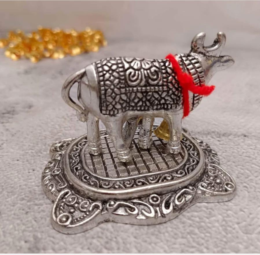 UK-1001 Silver Small Metal Kamdhenu Cow and Calf Idol Holy Spiritual Showpiece for Vastu, GAI bachda, Good Luck Gift, Kamdhenu Gau MATA, Pooja Temple Gift Decor for Navratri Diwali Gift