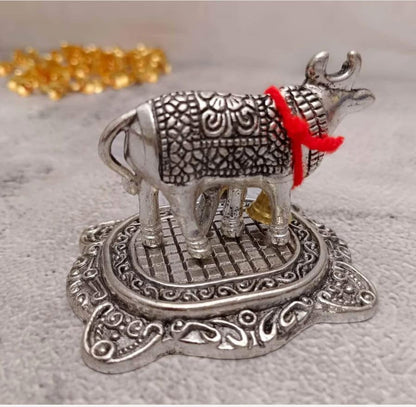 UK-1001 Silver Small Metal Kamdhenu Cow and Calf Idol Holy Spiritual Showpiece for Vastu, GAI bachda, Good Luck Gift, Kamdhenu Gau MATA, Pooja Temple Gift Decor for Navratri Diwali Gift