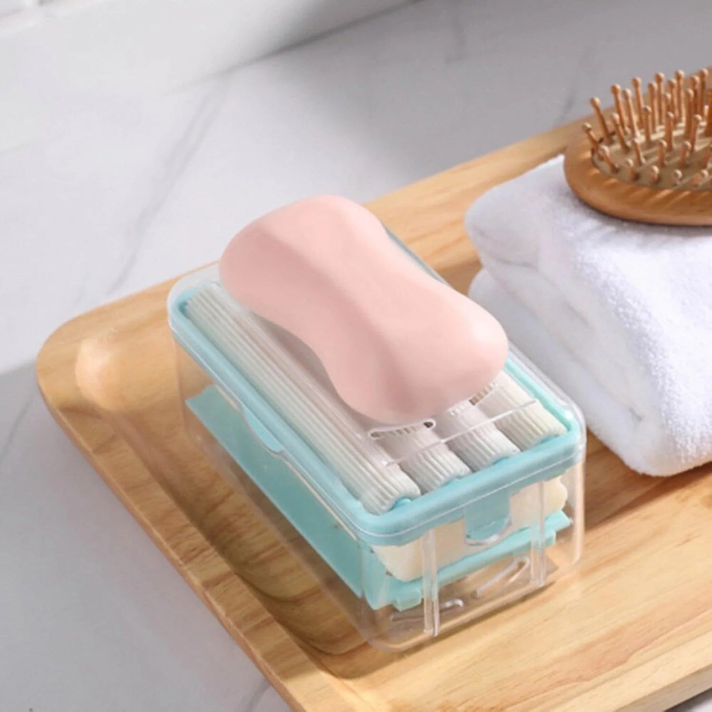 UK-0185 2-in-1 Portable Soap Dish & Soap Dispenser with Roller and Drain Holes, Foaming Soap Bar Box