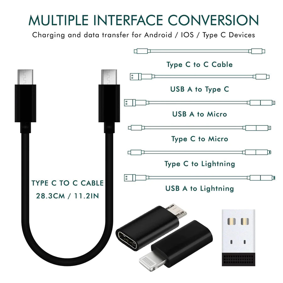 UK-0056 Mini Multi-Functional Fast Charging Data Cable Set for Apple, Android, Type C Charging with Retrieve Card Pin,Round Storage Box,Compact and Portable USB Data Cable Travel Cable Set 5in1