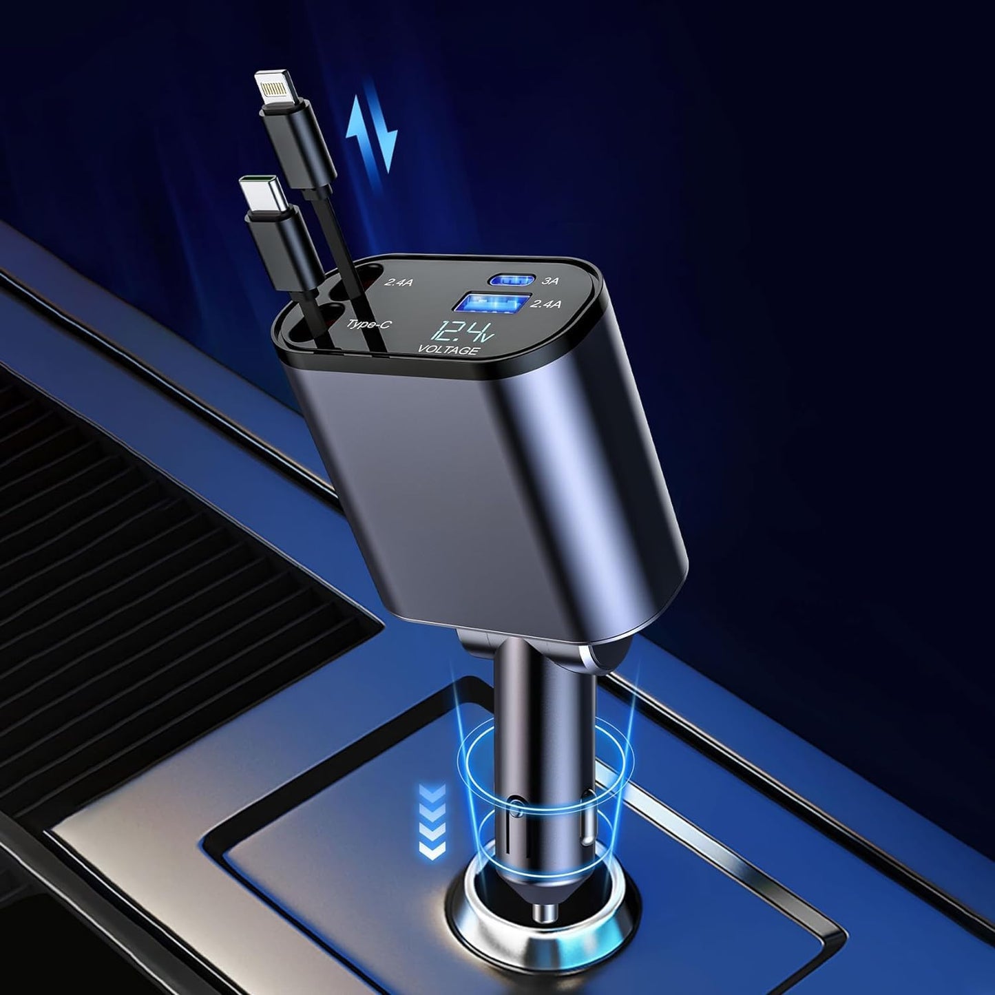 UK-0980 4-in-1 Retractable Car Charger, Fast Charge, with  Retractable Cables and Dual USB Ports, Compatible with All iPhone, iPad, Pixel, Tablets, All Android Phones