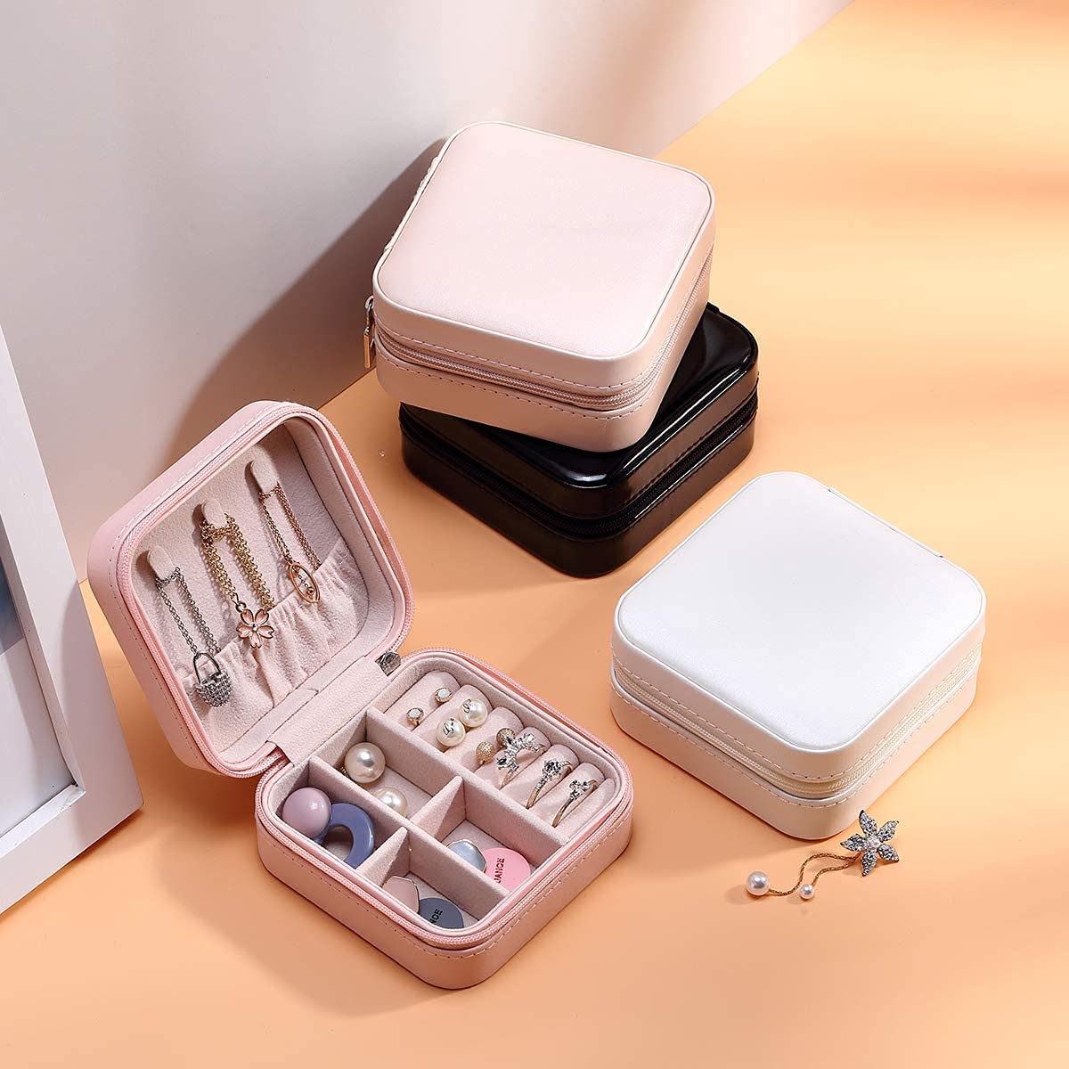 UK-0348 Leather Small Jewelry Box, Travel Portable Jewelry Case For Ring, Pendant, Earring, Necklace, Bracelet Organizer Storage Holder Boxes