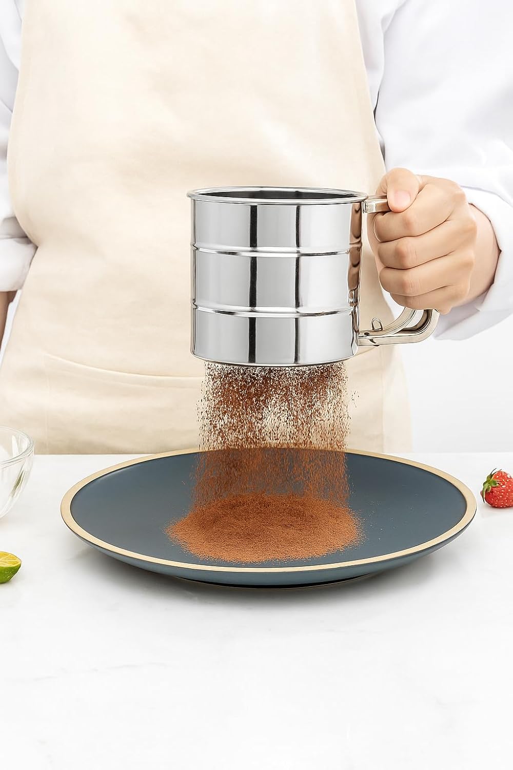 UK-1084 Flour Sifter/Atta chhani Hand Press Design Stainless Steel Flour Sifter Corrosion Resistant Large Capacity Flour Sieve Cup for Sugar Flour and Coffee Powder | Atta Chalni