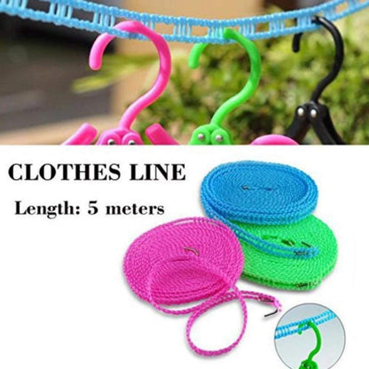 UK-0257 5 Meters Windproof Anti-Slip Clothes Washing Line Drying Nylon Rope with Hooks 5 Meter Nylon Clothesline Rope