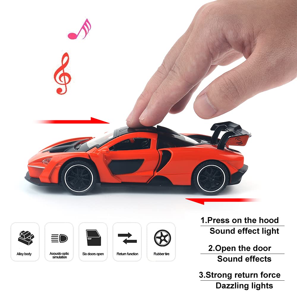 UK-1071 McLaren Senna Sports Car Model,Zinc Alloy Simulation Casting Pull Back Vehicles,1:32 Scale Mini Electronic Supercar Toys with Lights and Music for Toddlers Kids Children Gift