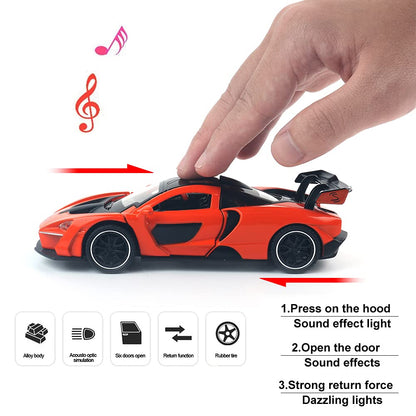 UK-1071 McLaren Senna Sports Car Model,Zinc Alloy Simulation Casting Pull Back Vehicles,1:32 Scale Mini Electronic Supercar Toys with Lights and Music for Toddlers Kids Children Gift