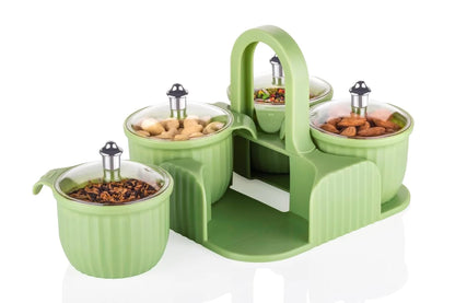 UK-0059 Dry Fruit Container Tray Set with Lid & Serving Tray 4 Pieces Airtight Jar for Serving Sweets, Chips, Cookies Other Snacks(Mutlicolor)