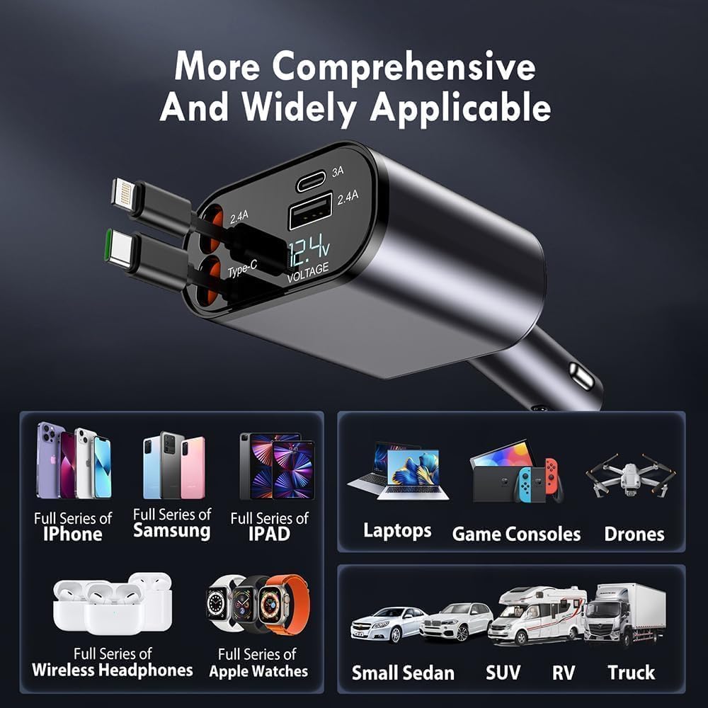 UK-0980 4-in-1 Retractable Car Charger, Fast Charge, with  Retractable Cables and Dual USB Ports, Compatible with All iPhone, iPad, Pixel, Tablets, All Android Phones