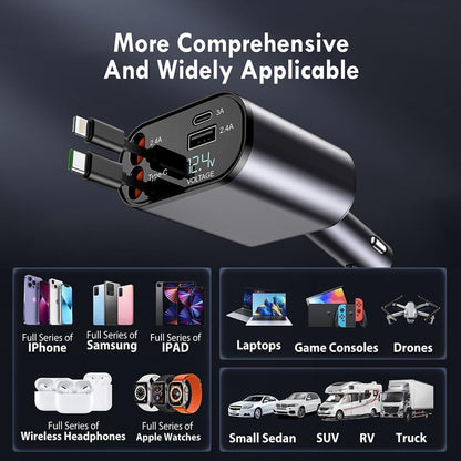 UK-0980 4-in-1 Retractable Car Charger, Fast Charge, with  Retractable Cables and Dual USB Ports, Compatible with All iPhone, iPad, Pixel, Tablets, All Android Phones