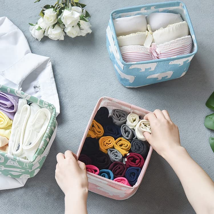 UK-0049 Canvas Fabric Foldable Mini Storage Basket - Small Collapsible Canvas Containers Organizers With Handle For Home-Multi Design