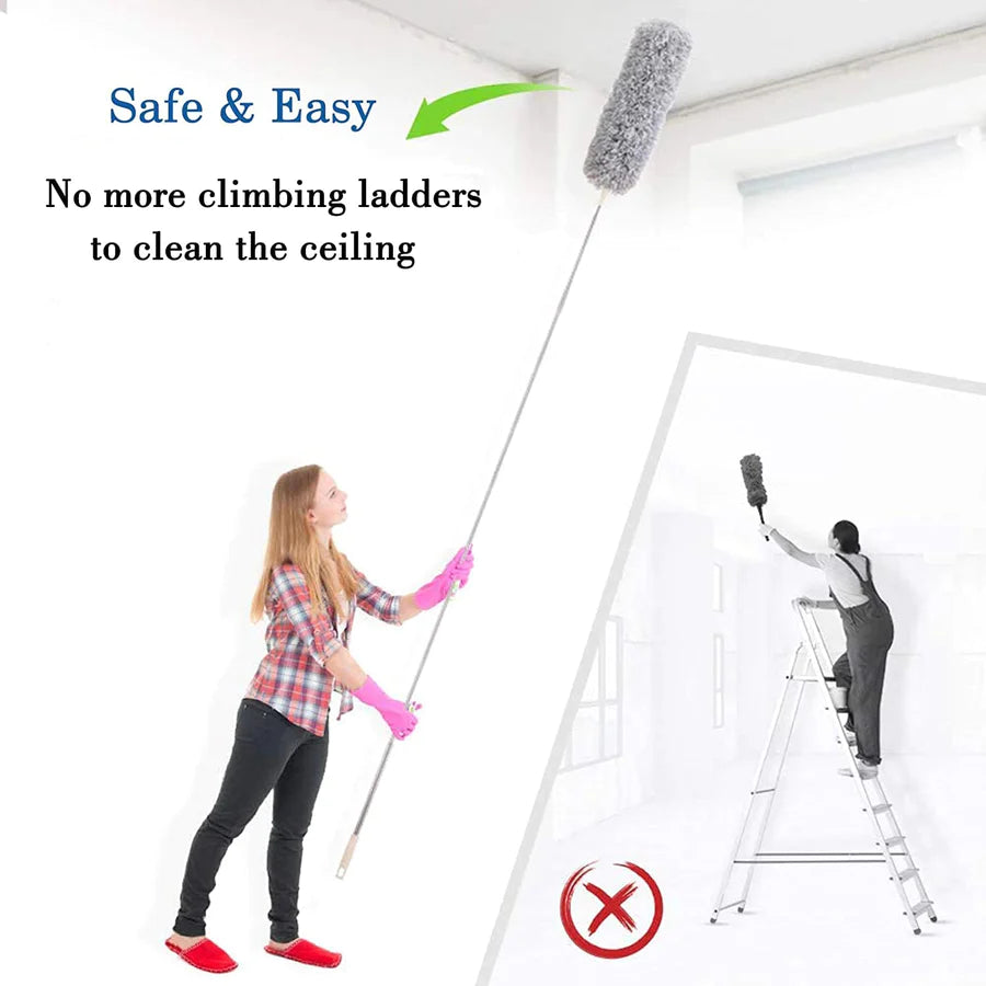 UK-0067 Fan Cleaning Mop Microfiber Duster with Extension Pole(Stainless Steel), Extra Long 100 inches, with Bendable Head, Extendable Duster for Cleaning High Ceiling Fan