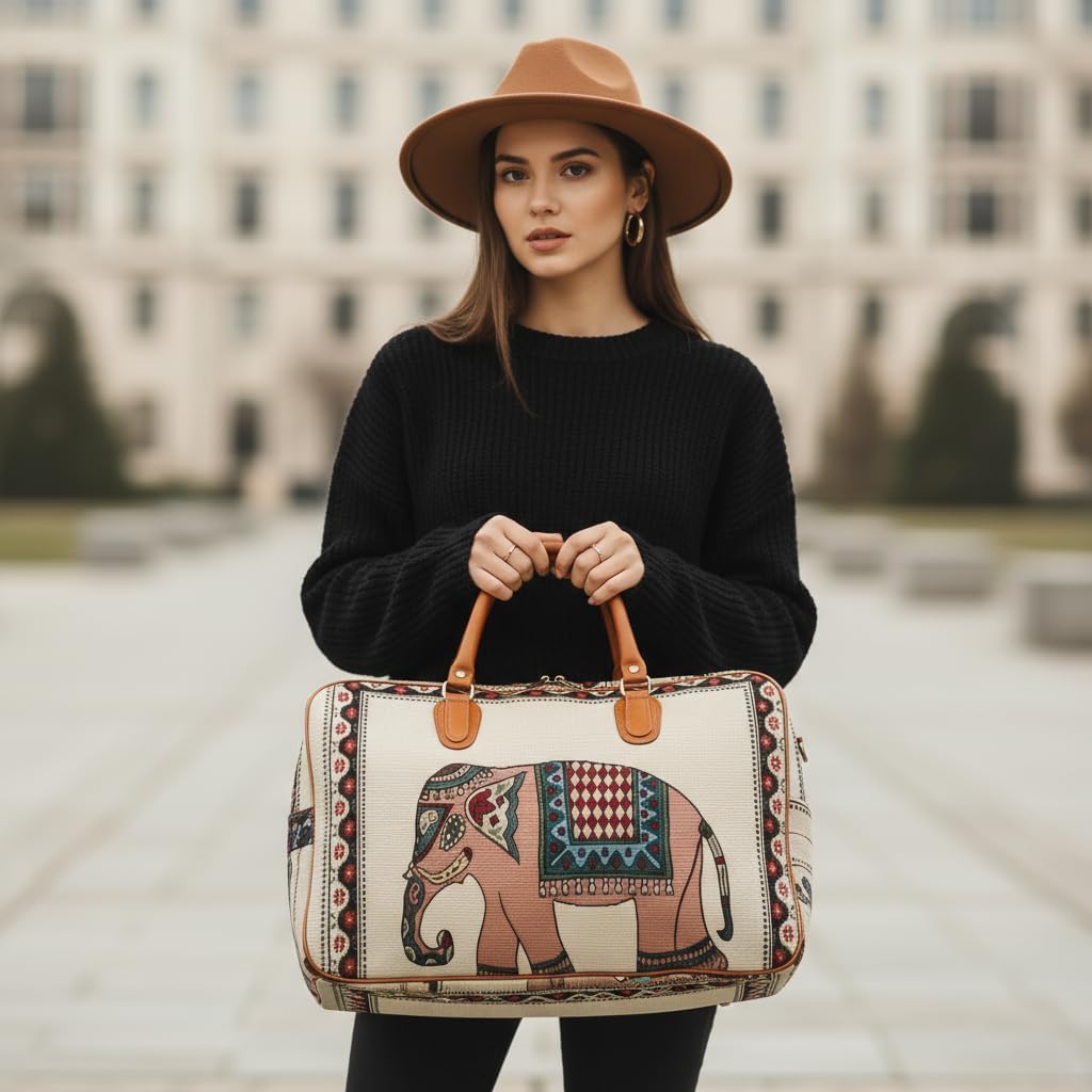 UK-1034 Canvas Duffle Travel Bag for Men and Women, Handmade Indian Ethnic Elephant Print Single Compartment Luggage Travelling Duffel for Women, Stylish Cabin Size Air Hand Bag