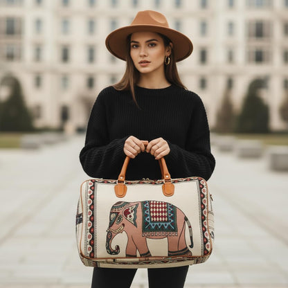 UK-1034 Canvas Duffle Travel Bag for Men and Women, Handmade Indian Ethnic Elephant Print Single Compartment Luggage Travelling Duffel for Women, Stylish Cabin Size Air Hand Bag
