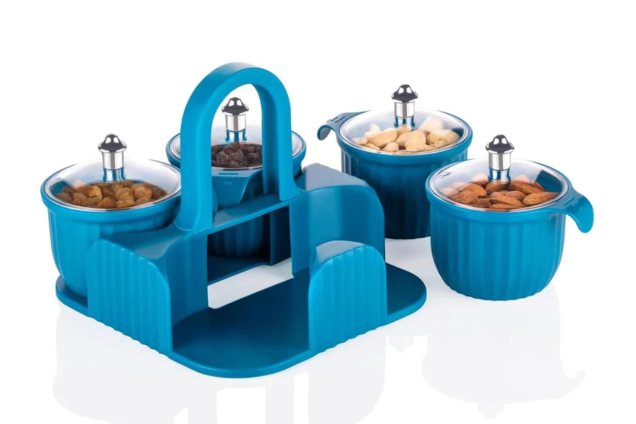 UK-0059 Dry Fruit Container Tray Set with Lid & Serving Tray 4 Pieces Airtight Jar for Serving Sweets, Chips, Cookies Other Snacks(Mutlicolor)