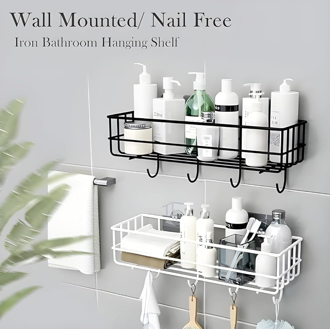 UK-0867 Self-Adhesive Bathroom Shelf with Hooks - Space-Saving Wall Mounted Shelf for Bathroom Essentials