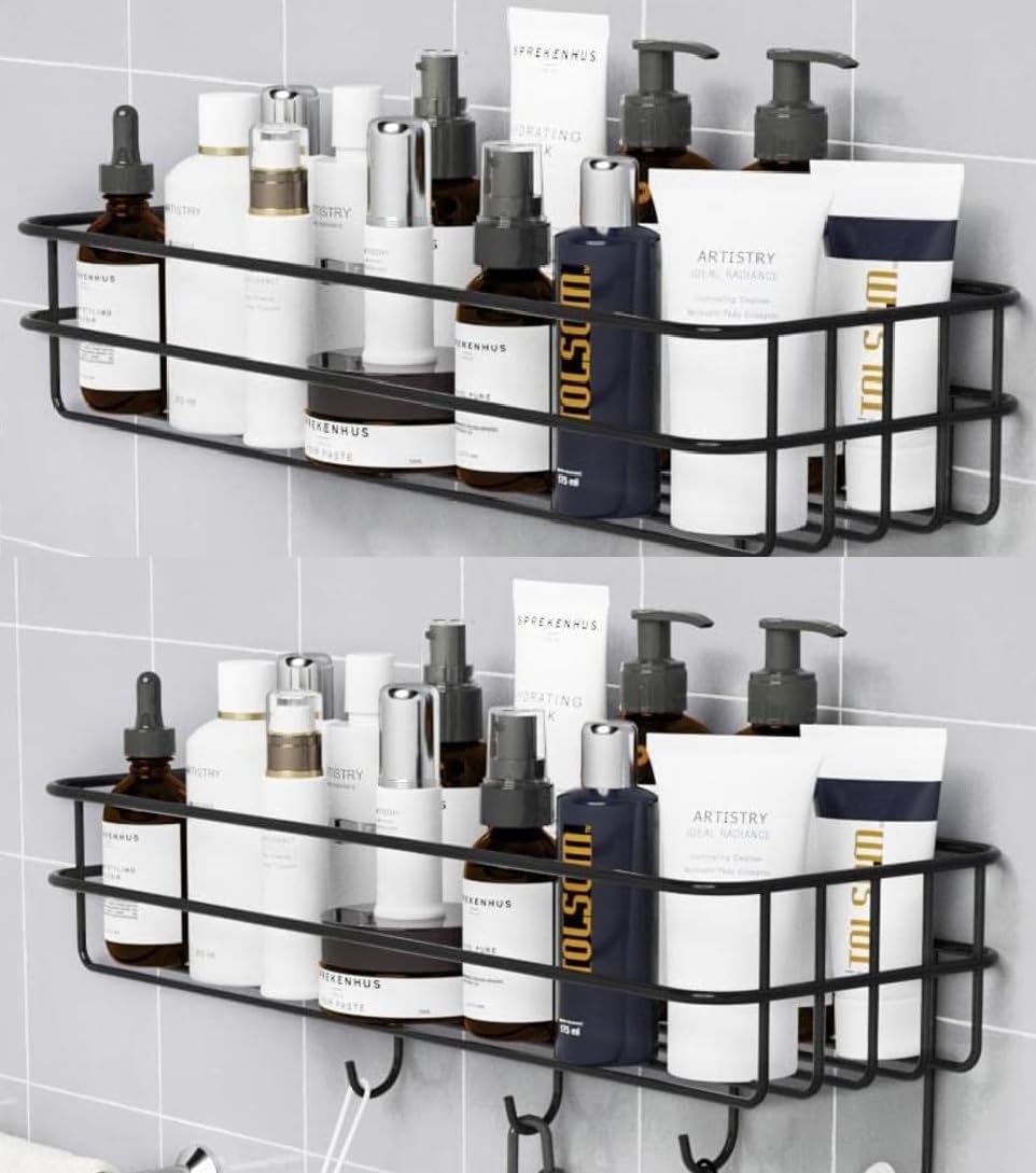 UK-0867 Self-Adhesive Bathroom Shelf with Hooks - Space-Saving Wall Mounted Shelf for Bathroom Essentials