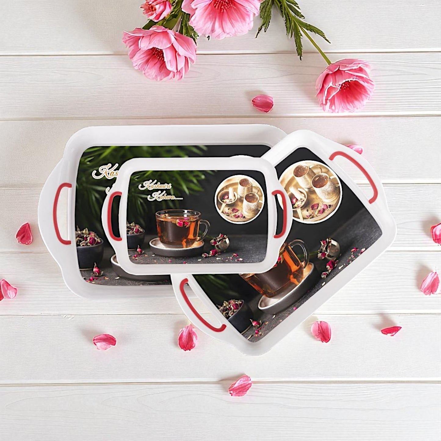 UK-0973 Premium Serving Tray Set of 3  Plastic Material Glossy Finish BPA Free Trays for Kitchen and Office and Home Decor